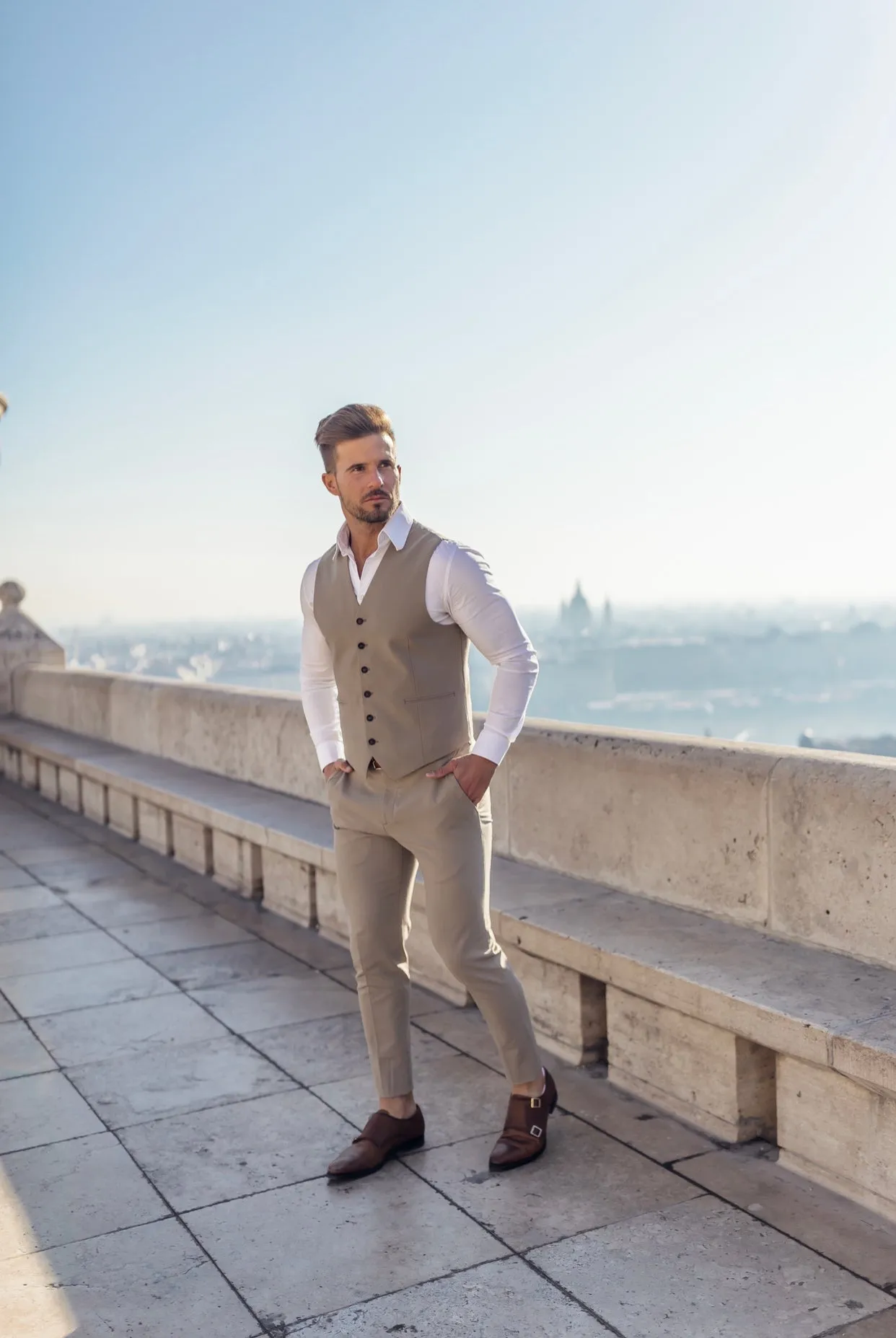 Father Sons Slim Formal Waistcoat Plain Beige - FSW003
