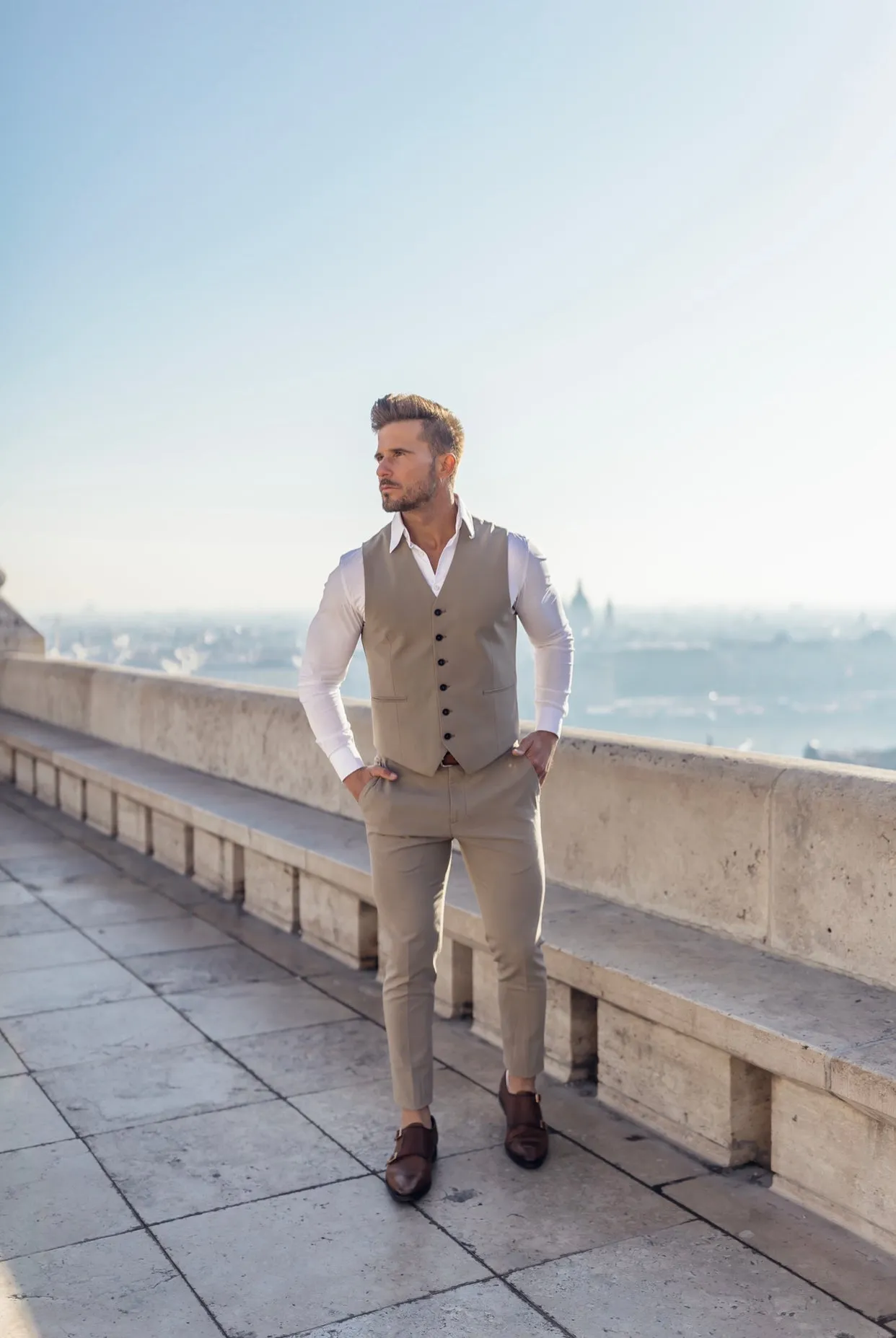 Father Sons Slim Formal Waistcoat Plain Beige - FSW003