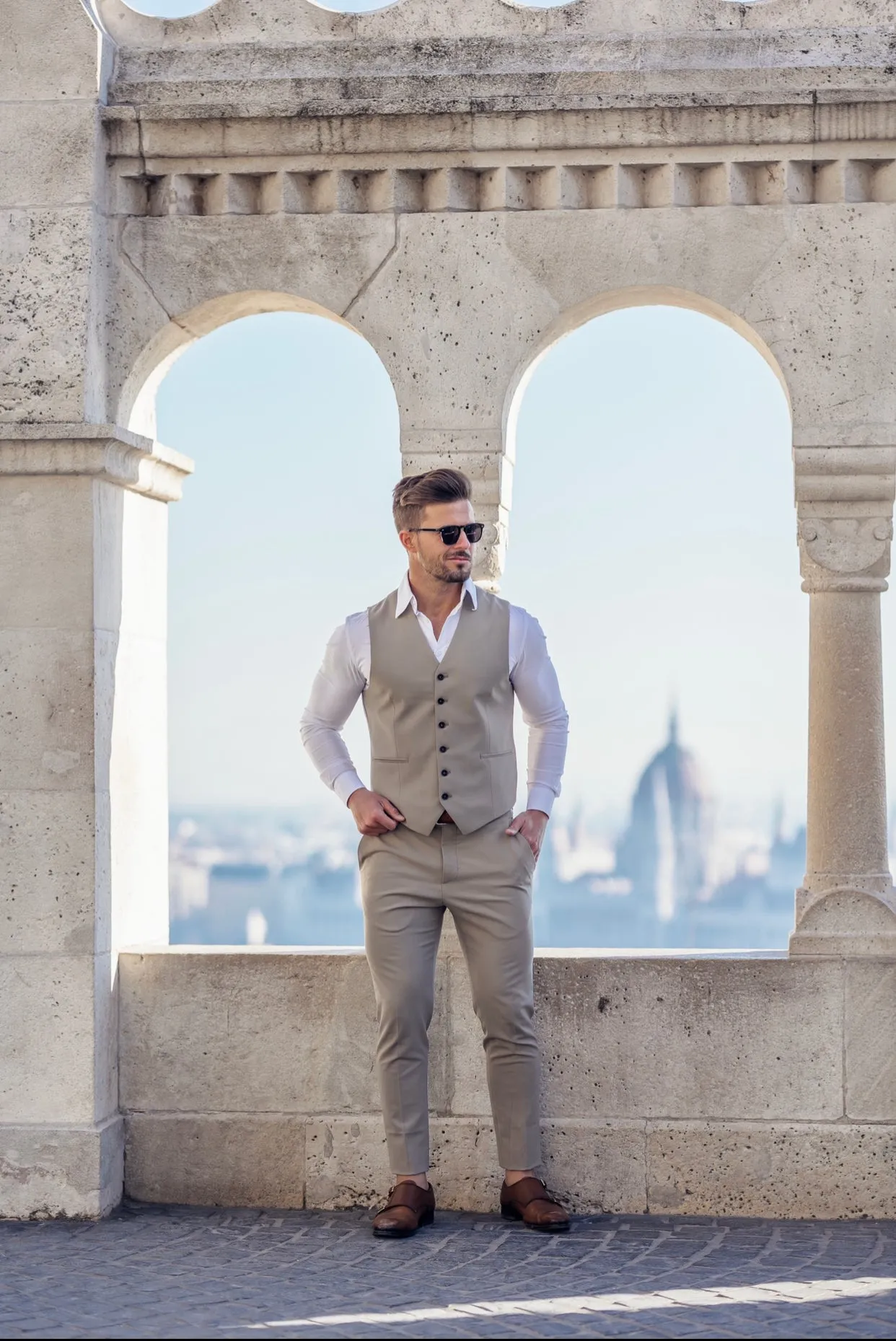 Father Sons Slim Formal Waistcoat Plain Beige - FSW003