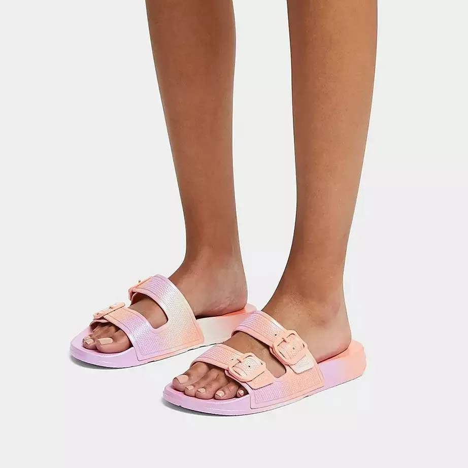 FitFlop iQushion Iridescent Two-Bar Buckle Slides Urban White Iridescent