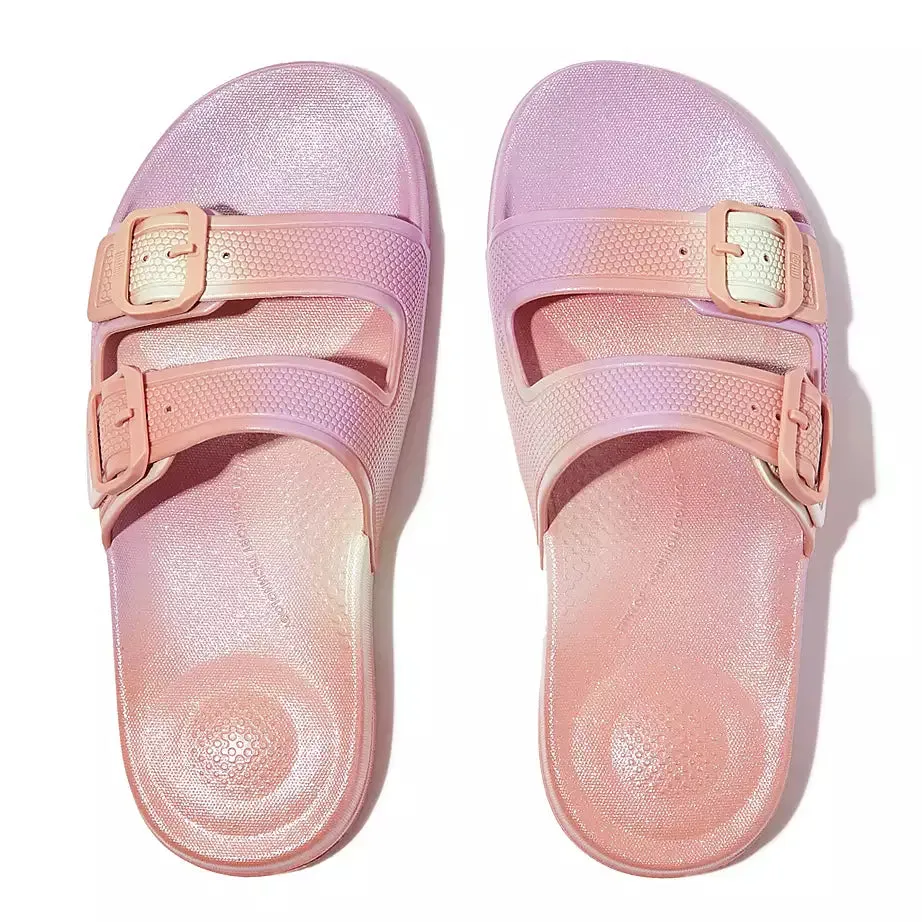 FitFlop iQushion Iridescent Two-Bar Buckle Slides Urban White Iridescent