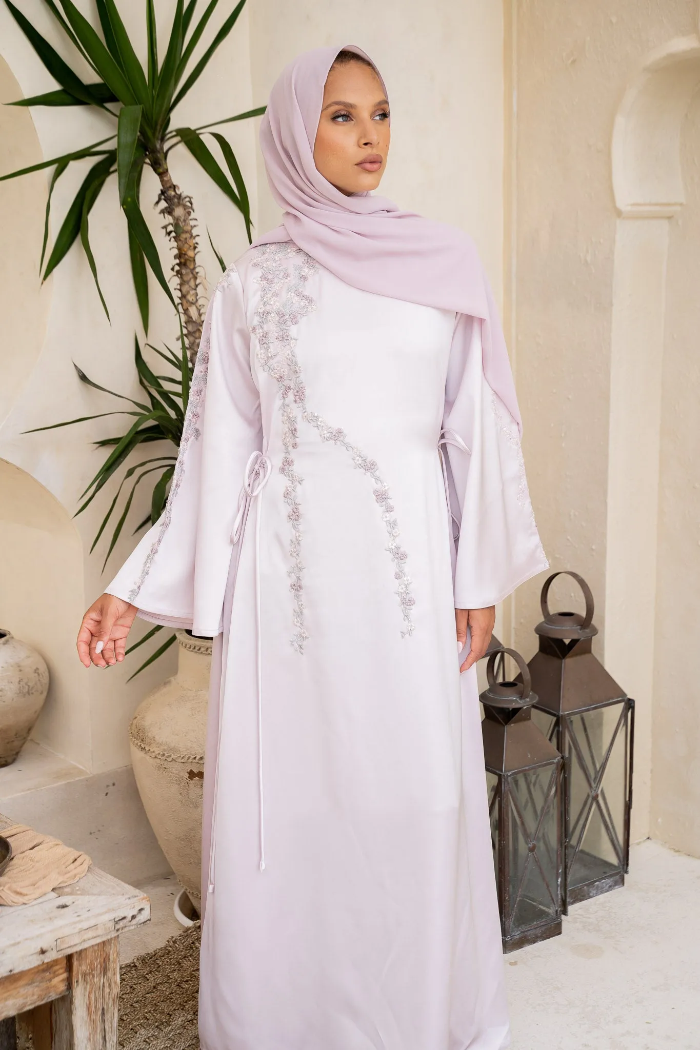 Floral Embroidered Lilac Satin Abaya