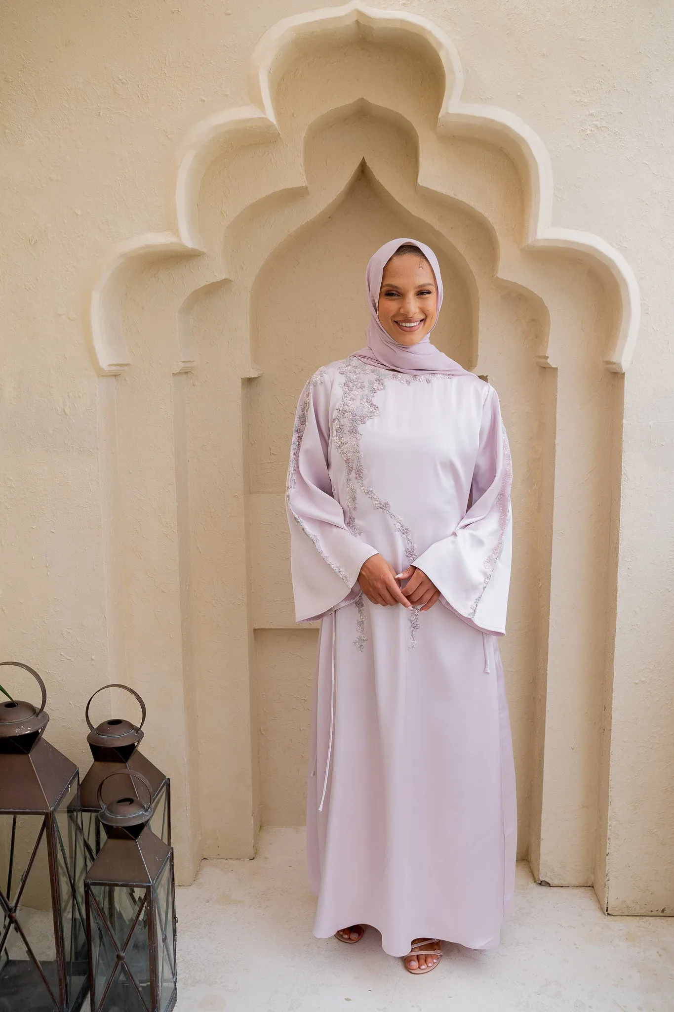 Floral Embroidered Lilac Satin Abaya