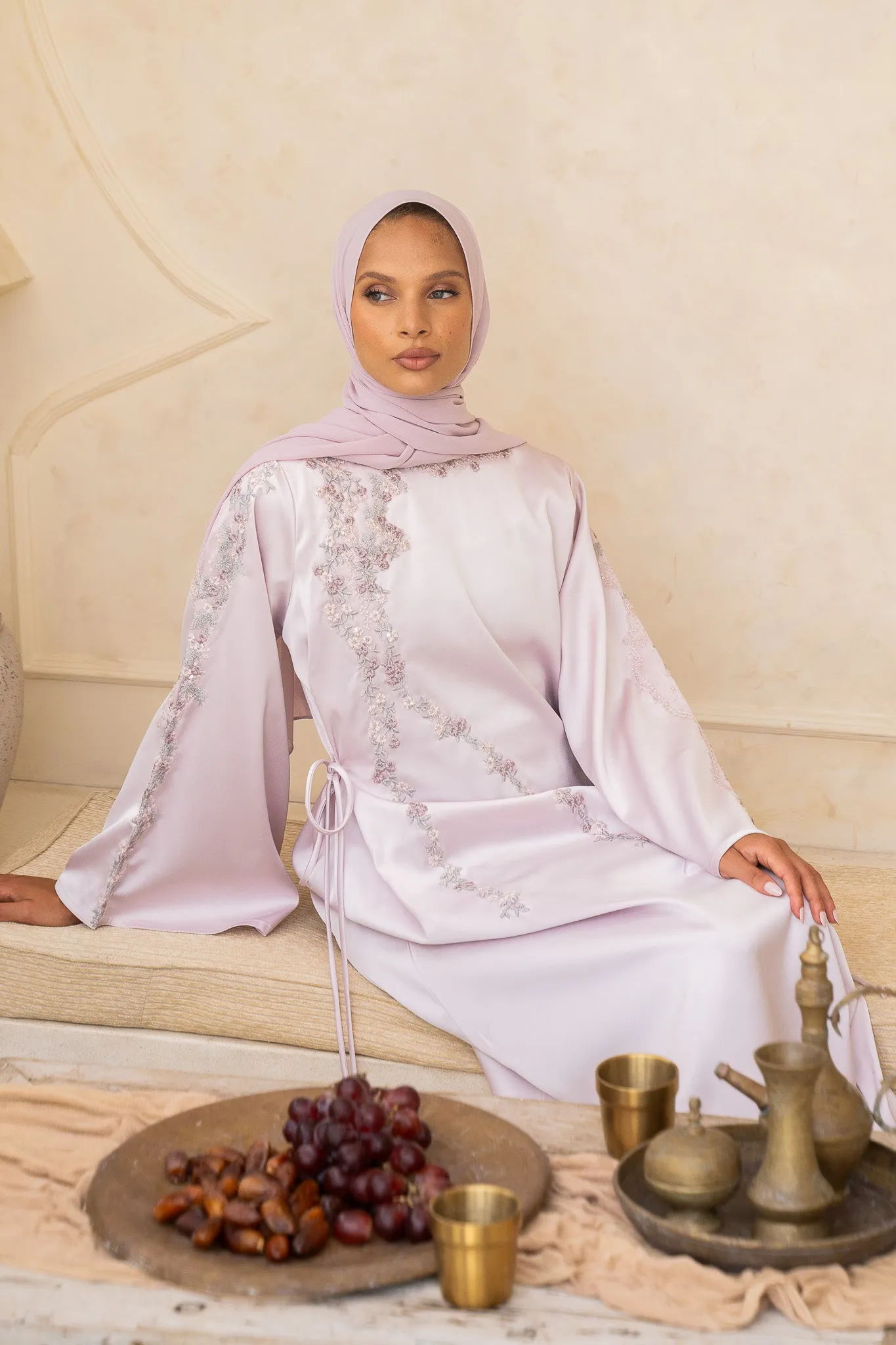 Floral Embroidered Lilac Satin Abaya