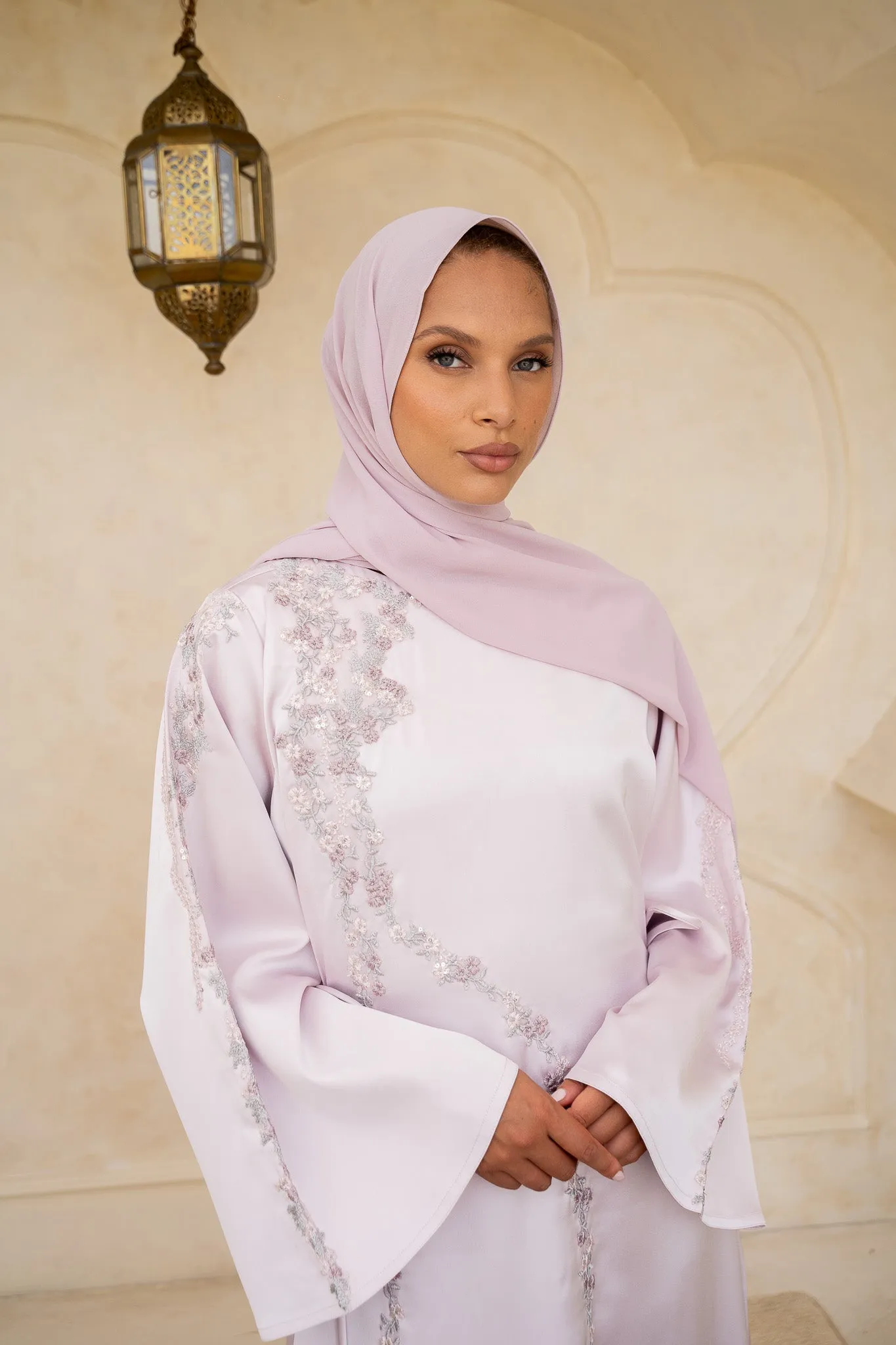 Floral Embroidered Lilac Satin Abaya