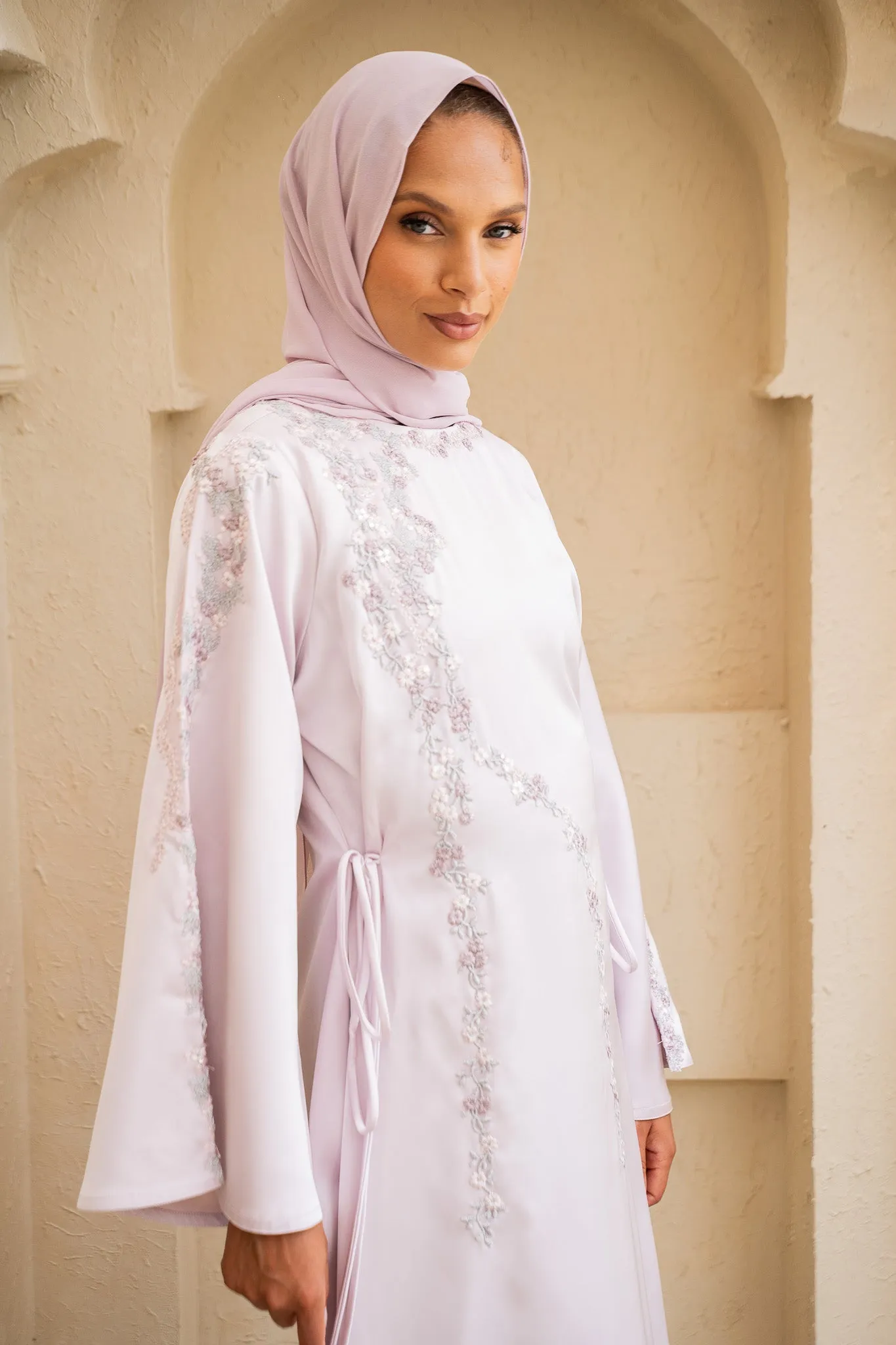 Floral Embroidered Lilac Satin Abaya