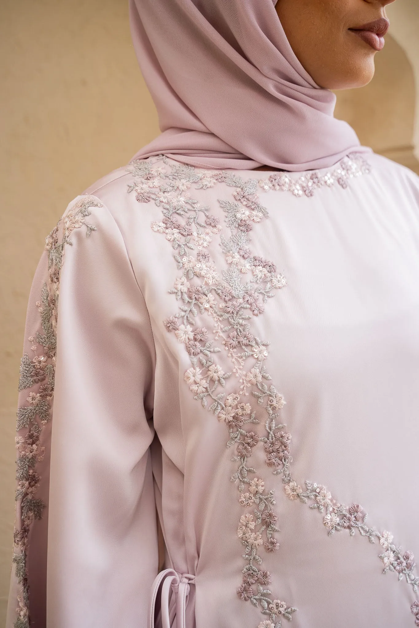 Floral Embroidered Lilac Satin Abaya
