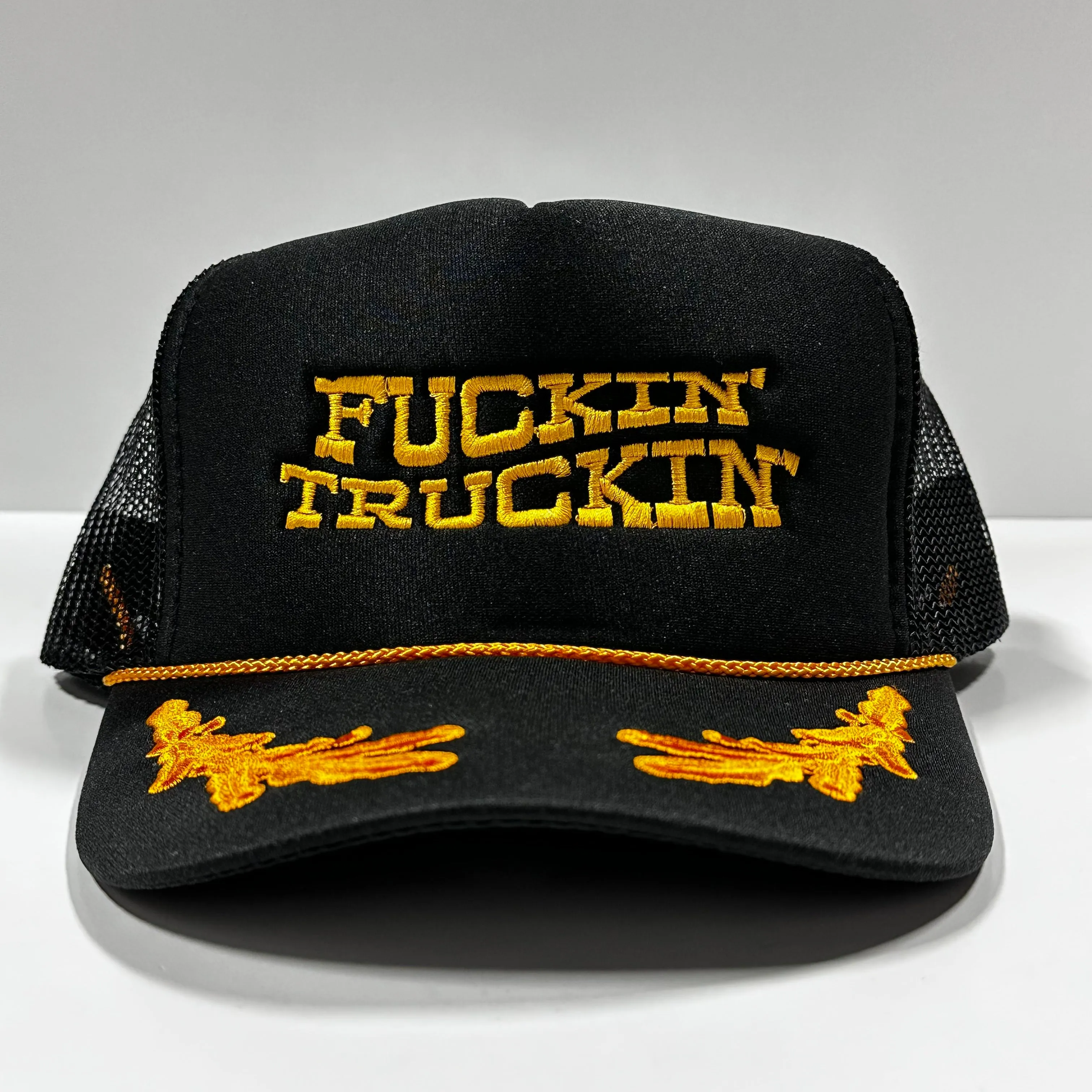 Fn Truckin’ Vintage Black Gold Leaf Mesh Trucker Snapback Hat Cap Custom Embroidery