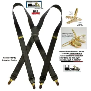 Holdup Brand Tuxedo Black 1" wide Satin Finish X-back Style Suspenders with USA Patented No-slip Gold clips