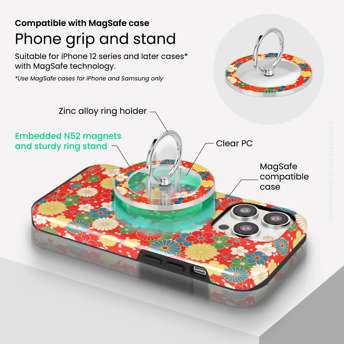 Japan Blossoms - Silver MagSafe Phone Grip and Ring Holder Stand
