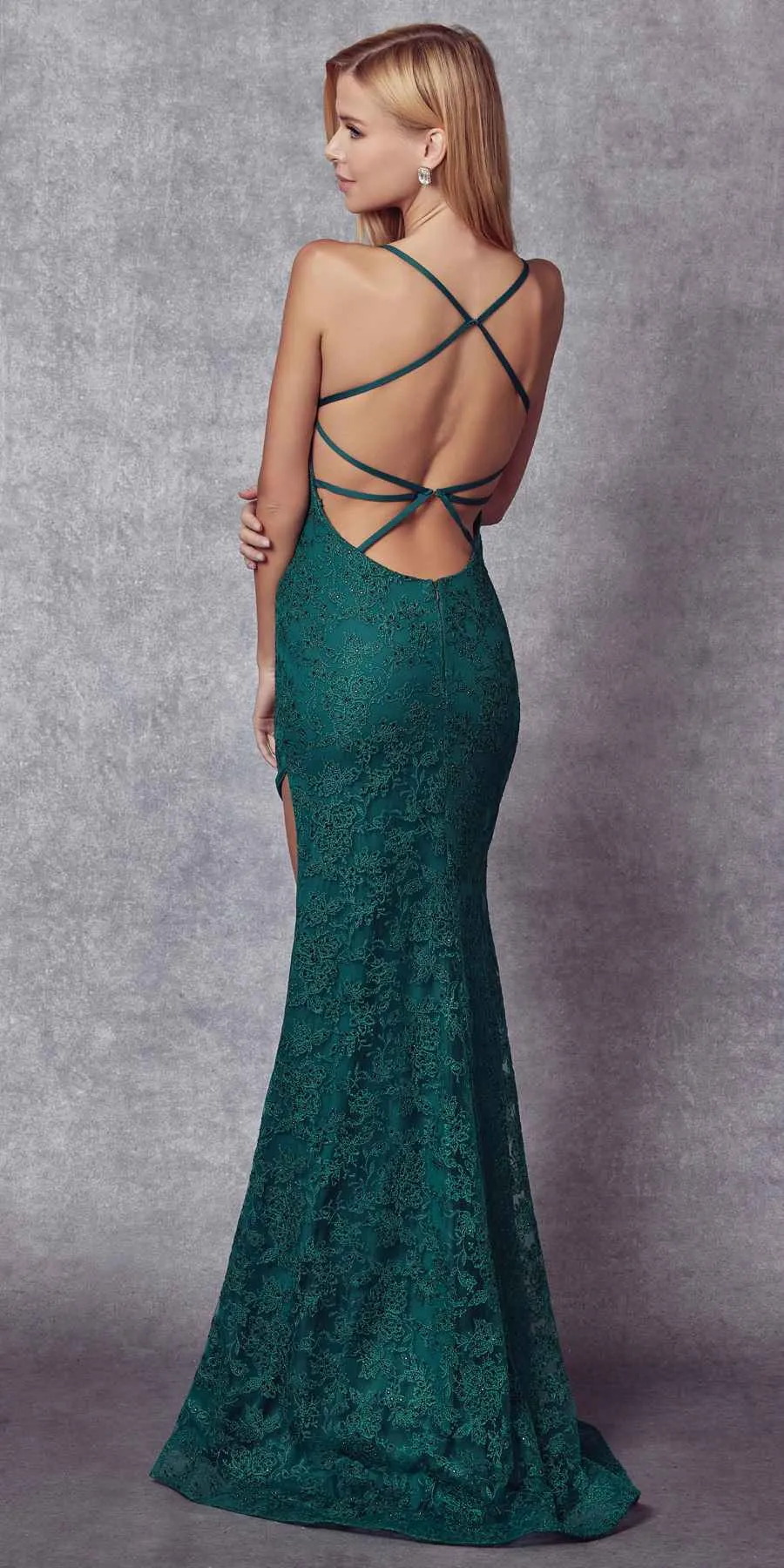 Juliet 266 Embroidered Lace Fitted Evening Dress Side Slit