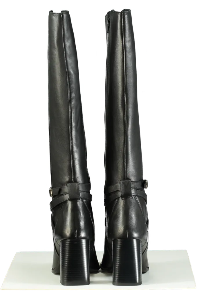 Karen Millen Black Leather Heeled Buckle Detail Knee High Boots UK 7
