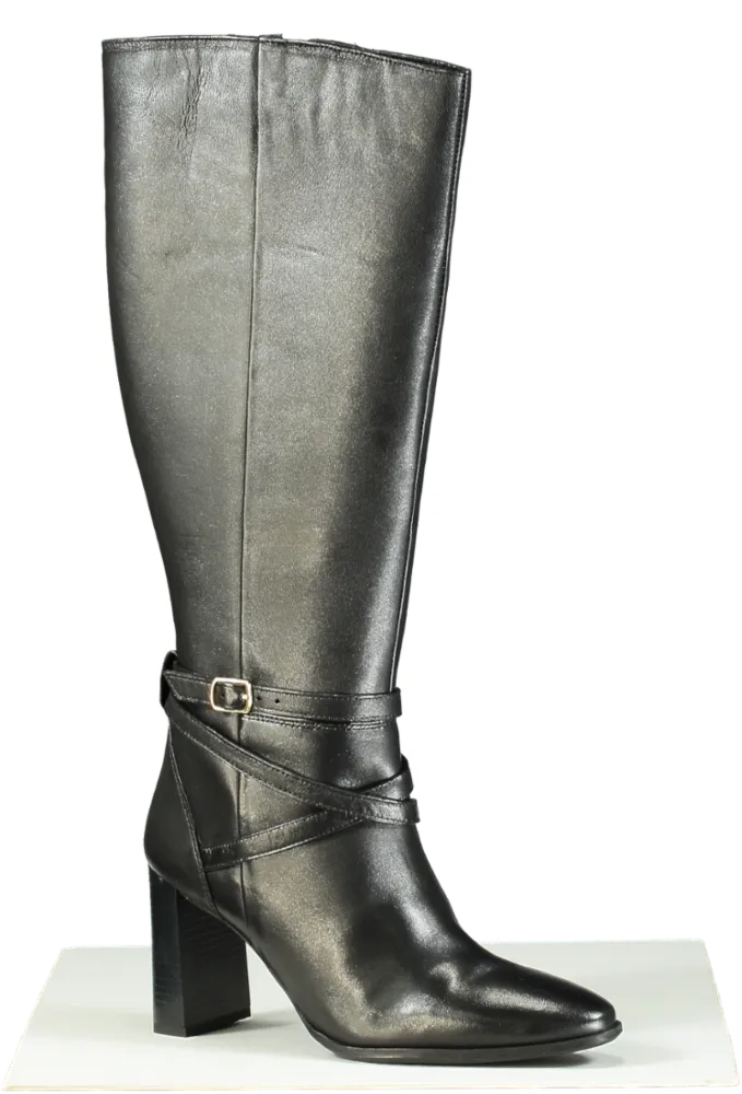 Karen Millen Black Leather Heeled Buckle Detail Knee High Boots UK 7