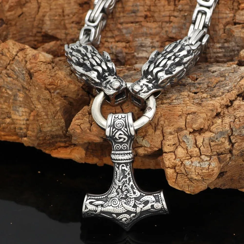 King Chain With Dragon Heads & Mjolnir Pendant