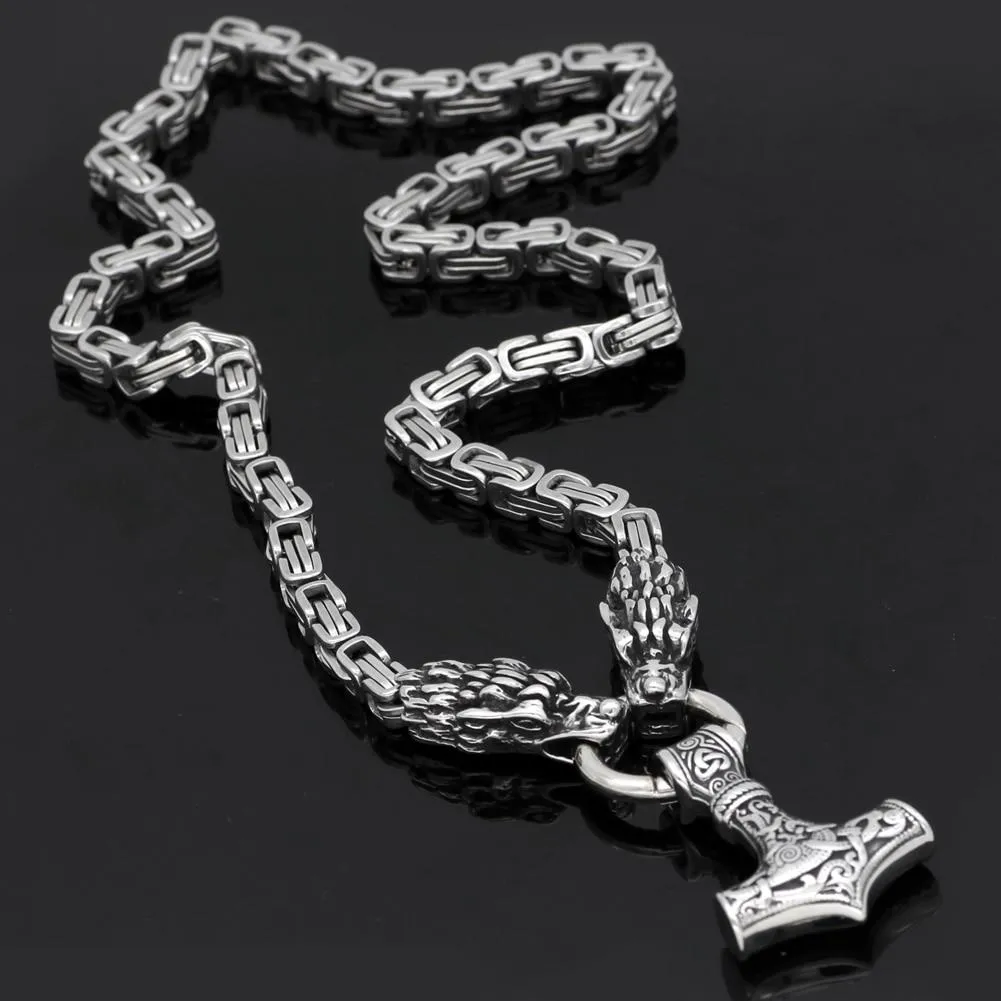 King Chain With Dragon Heads & Mjolnir Pendant