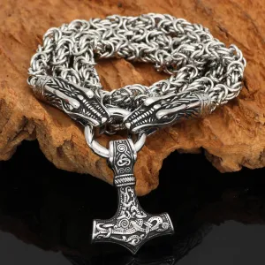 King Chain With Dragon Heads & Mjolnir Pendant