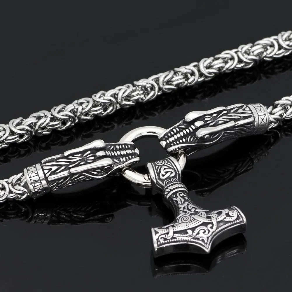 King Chain With Dragon Heads & Mjolnir Pendant