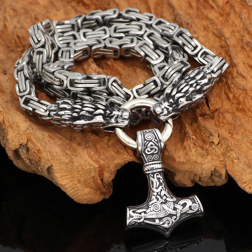 King Chain With Dragon Heads & Mjolnir Pendant