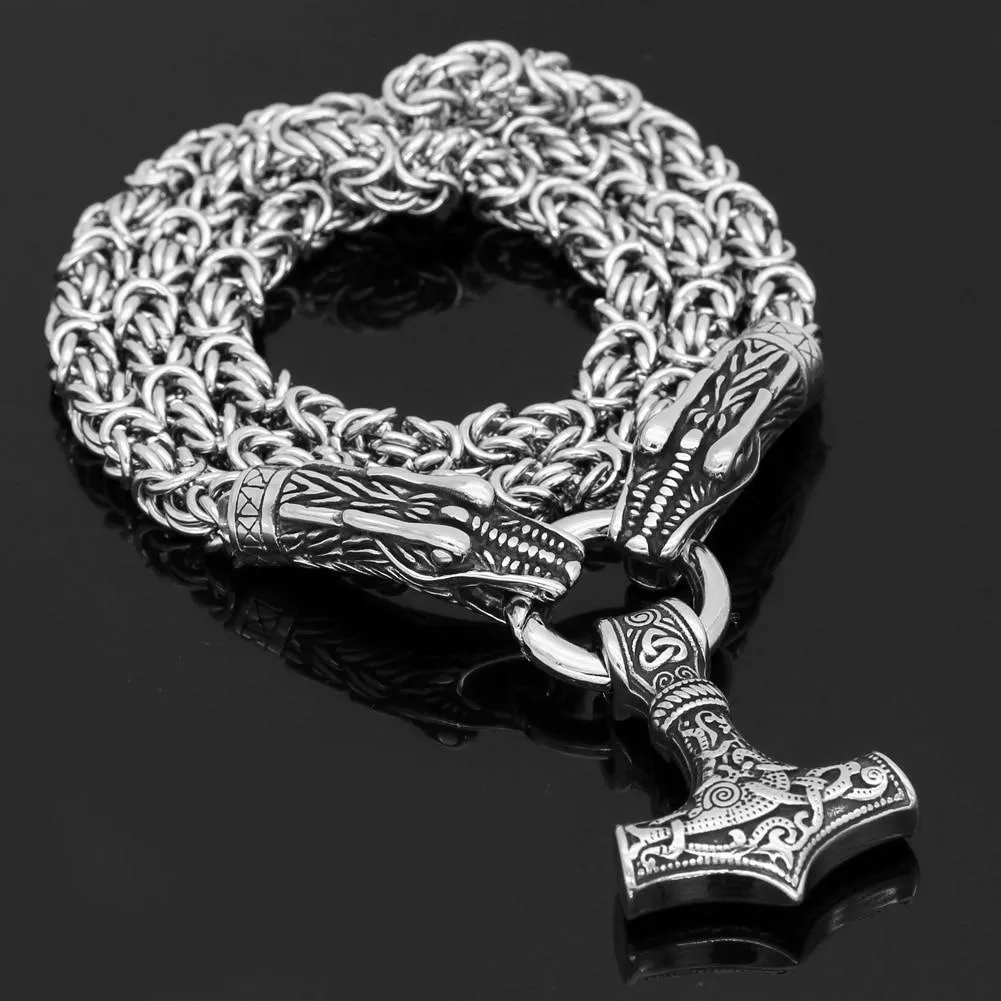 King Chain With Dragon Heads & Mjolnir Pendant