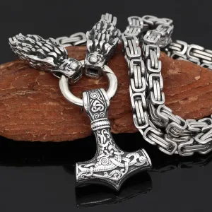 King Chain With Dragon Heads & Mjolnir Pendant
