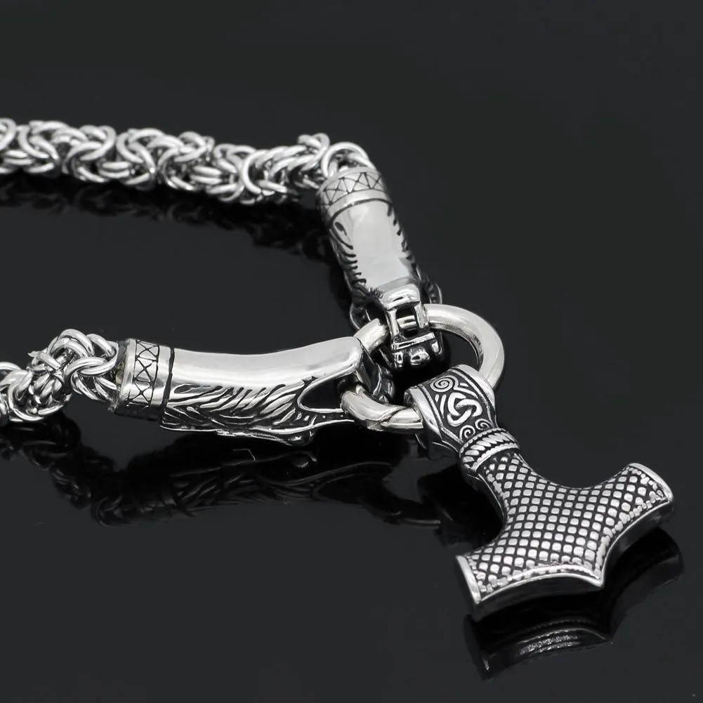 King Chain With Dragon Heads & Mjolnir Pendant