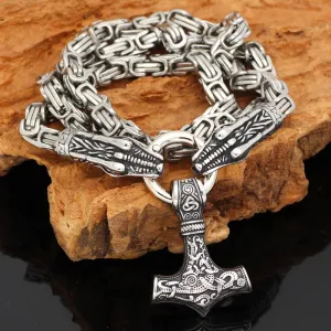 King Chain With Dragon Heads & Mjolnir Pendant