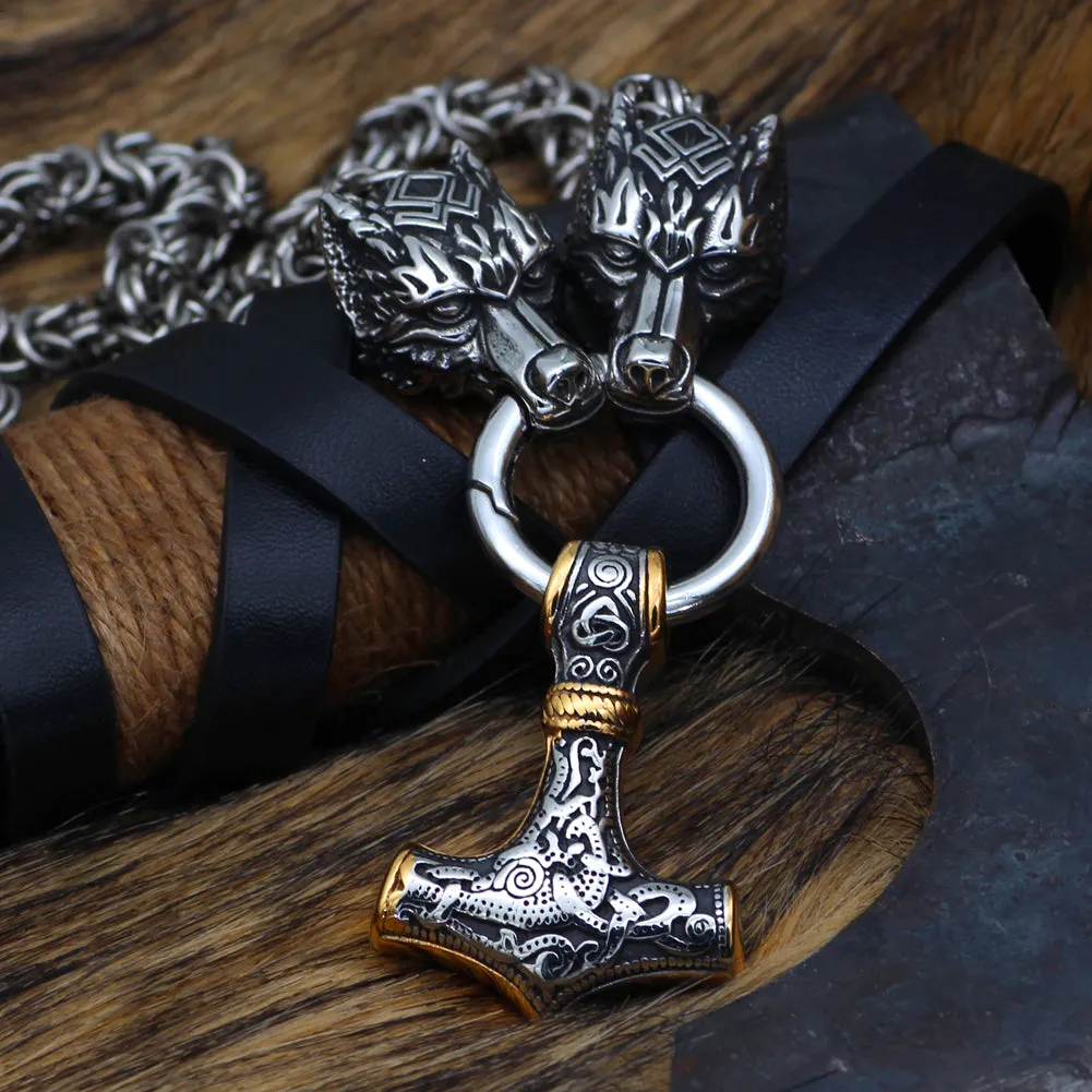 King Chain With Wolf Head & Gold Trimmed Mjolnir Pendant