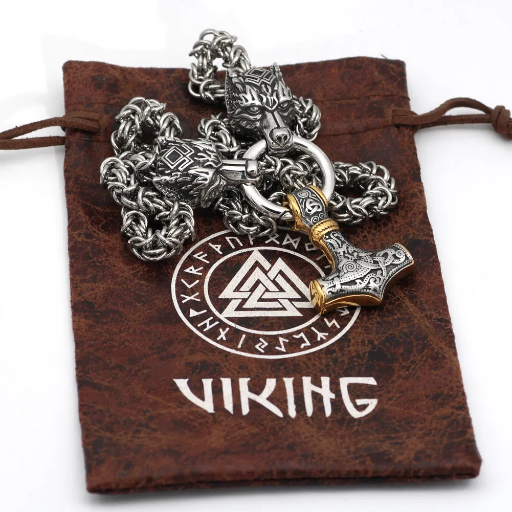 King Chain With Wolf Head & Gold Trimmed Mjolnir Pendant