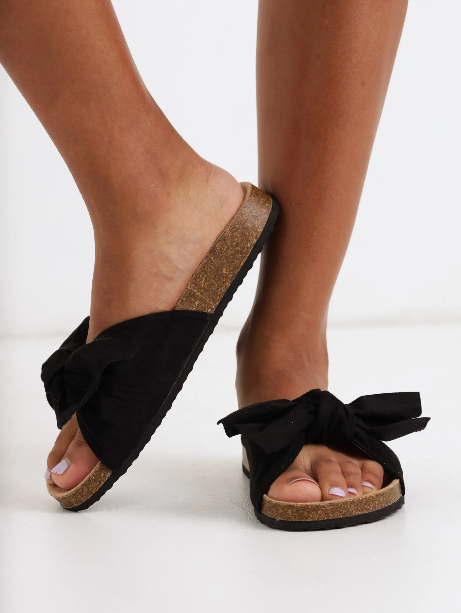 Ladies Big Bow Cork Sole Sandal - Black