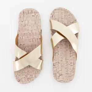 Ladies Cross-Over Push-In Mule On Cork Cover Sole - Gold