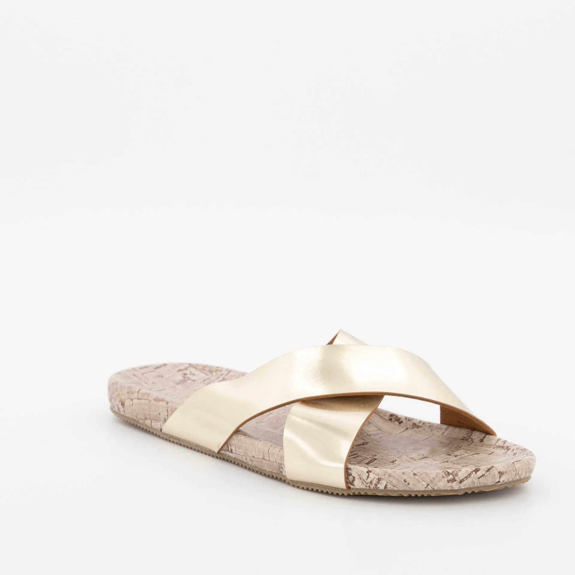 Ladies Cross-Over Push-In Mule On Cork Cover Sole - Gold