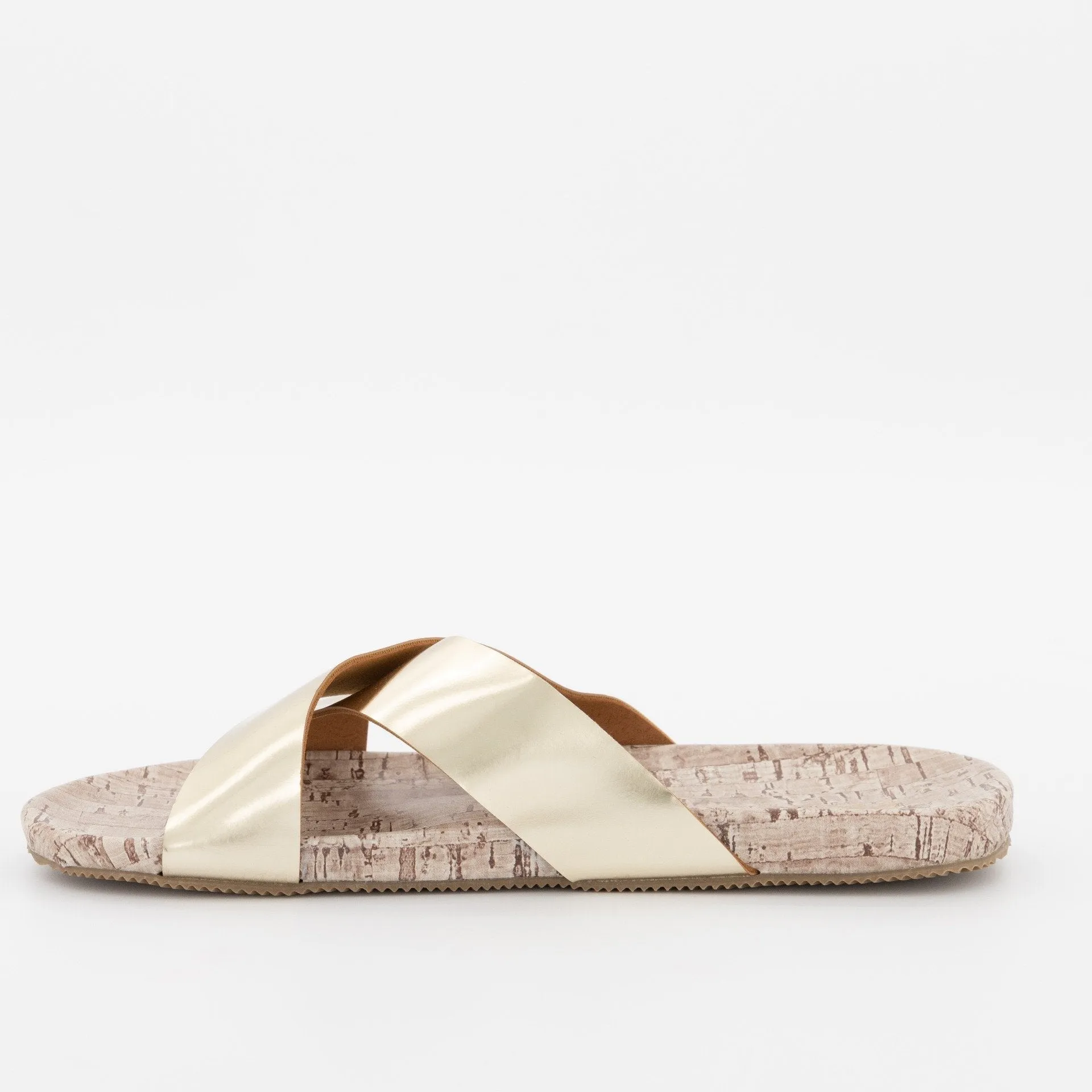 Ladies Cross-Over Push-In Mule On Cork Cover Sole - Gold