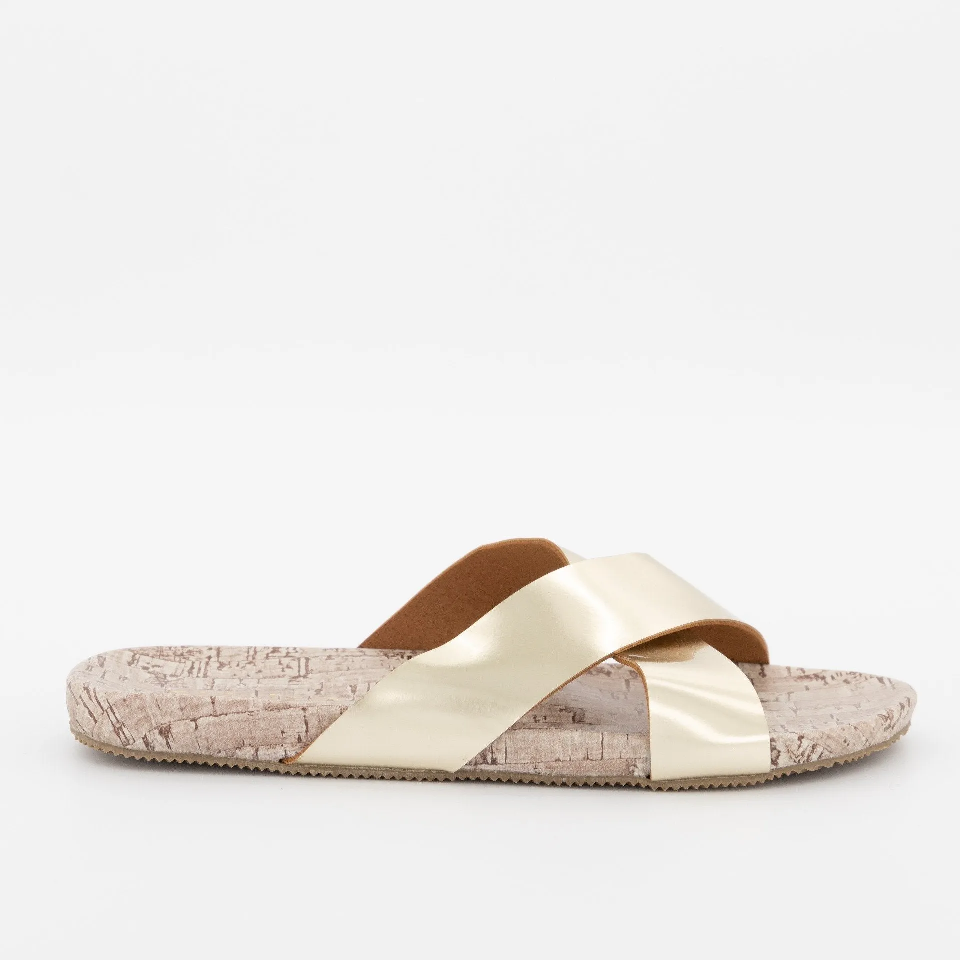 Ladies Cross-Over Push-In Mule On Cork Cover Sole - Gold
