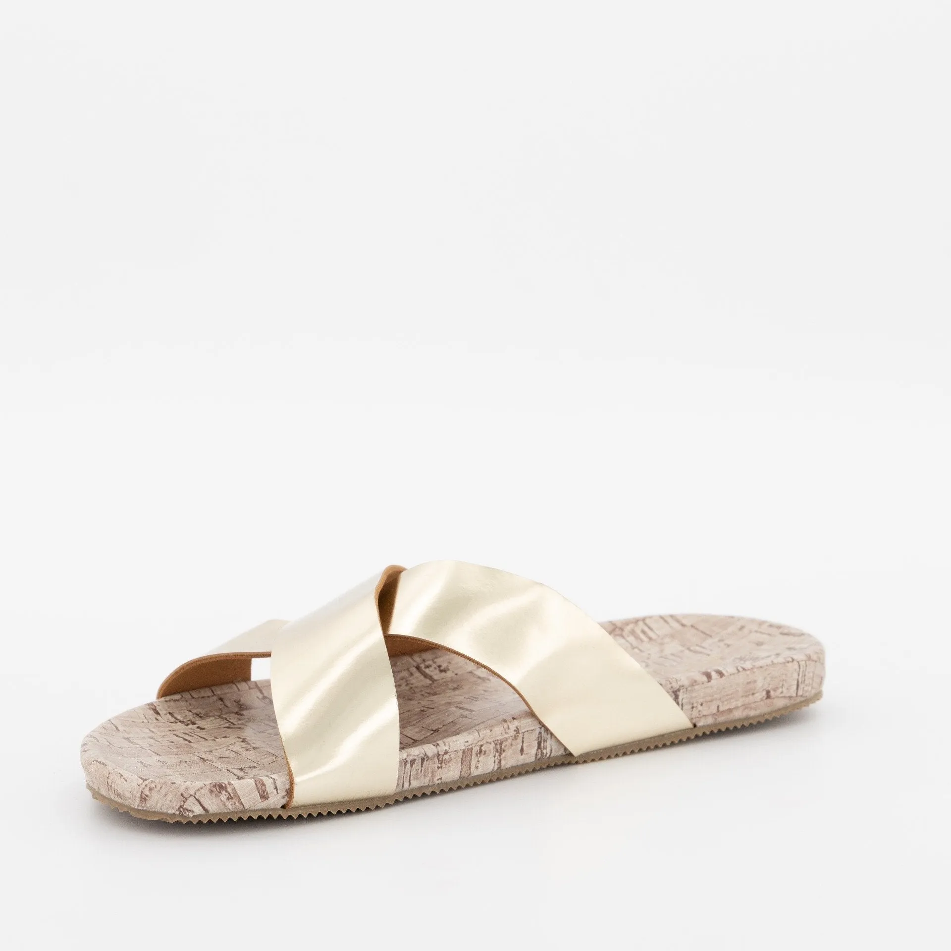 Ladies Cross-Over Push-In Mule On Cork Cover Sole - Gold