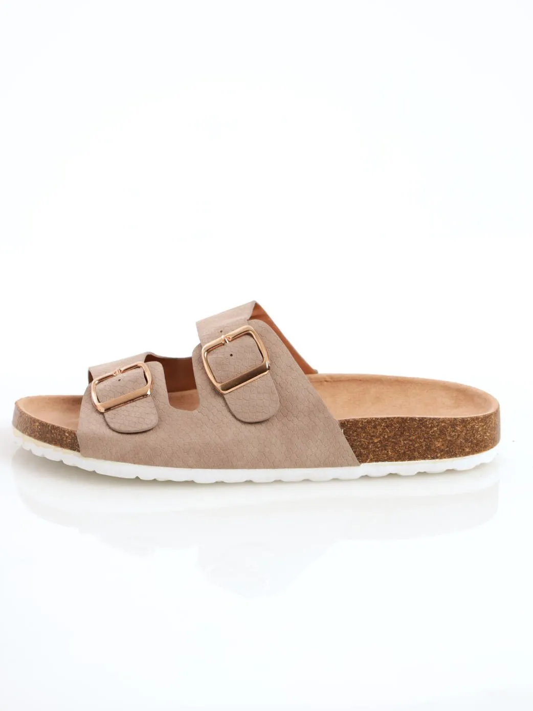 Ladies Embossed Double Buckle Cork Moulded Sandal - Taupe
