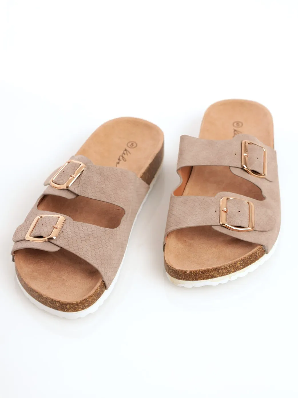 Ladies Embossed Double Buckle Cork Moulded Sandal - Taupe