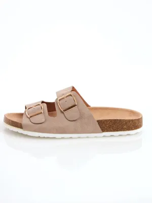 Ladies Embossed Double Buckle Cork Moulded Sandal - Taupe
