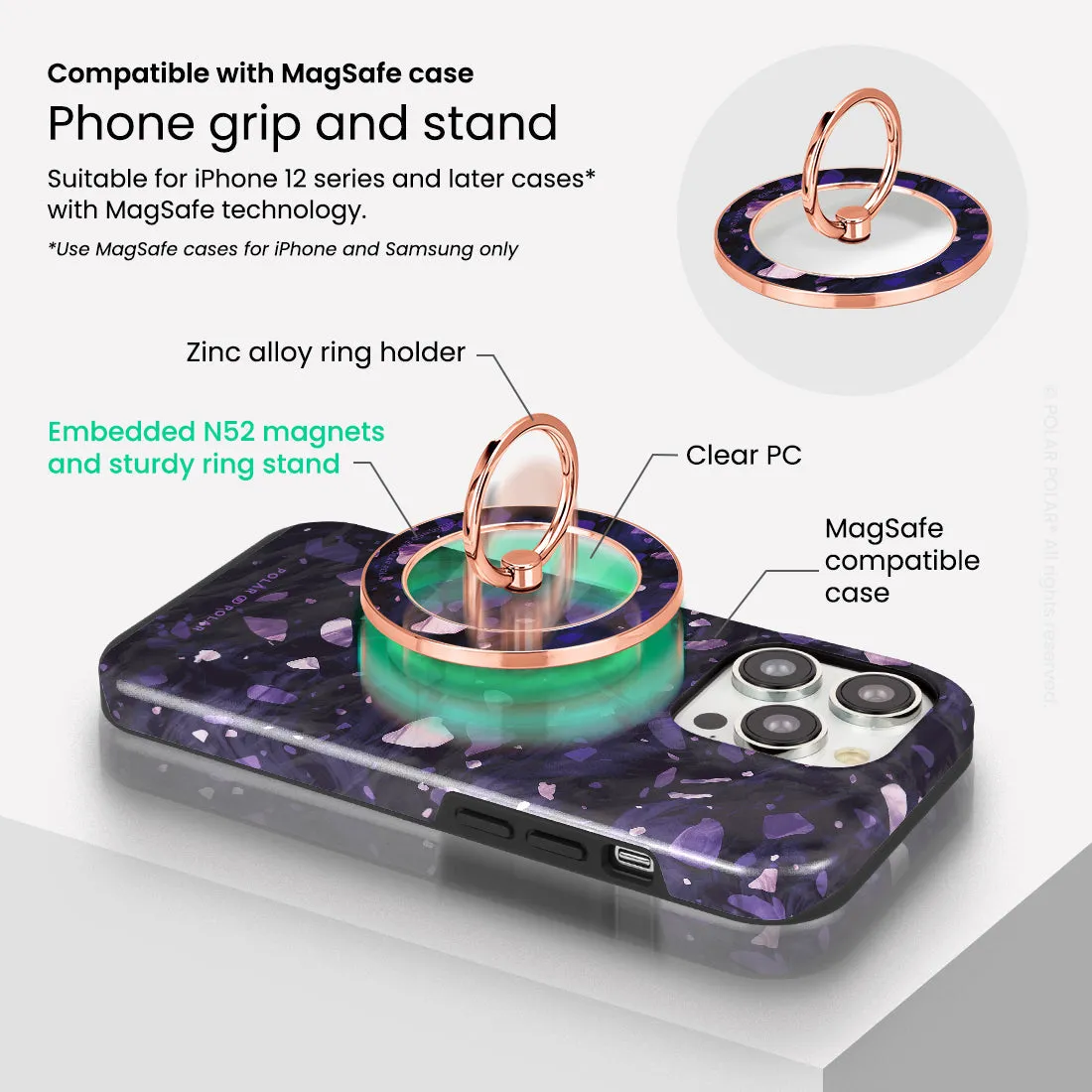 Lilac Terrazzo Gem - Rose Gold MagSafe Phone Grip and Ring Holder Stand
