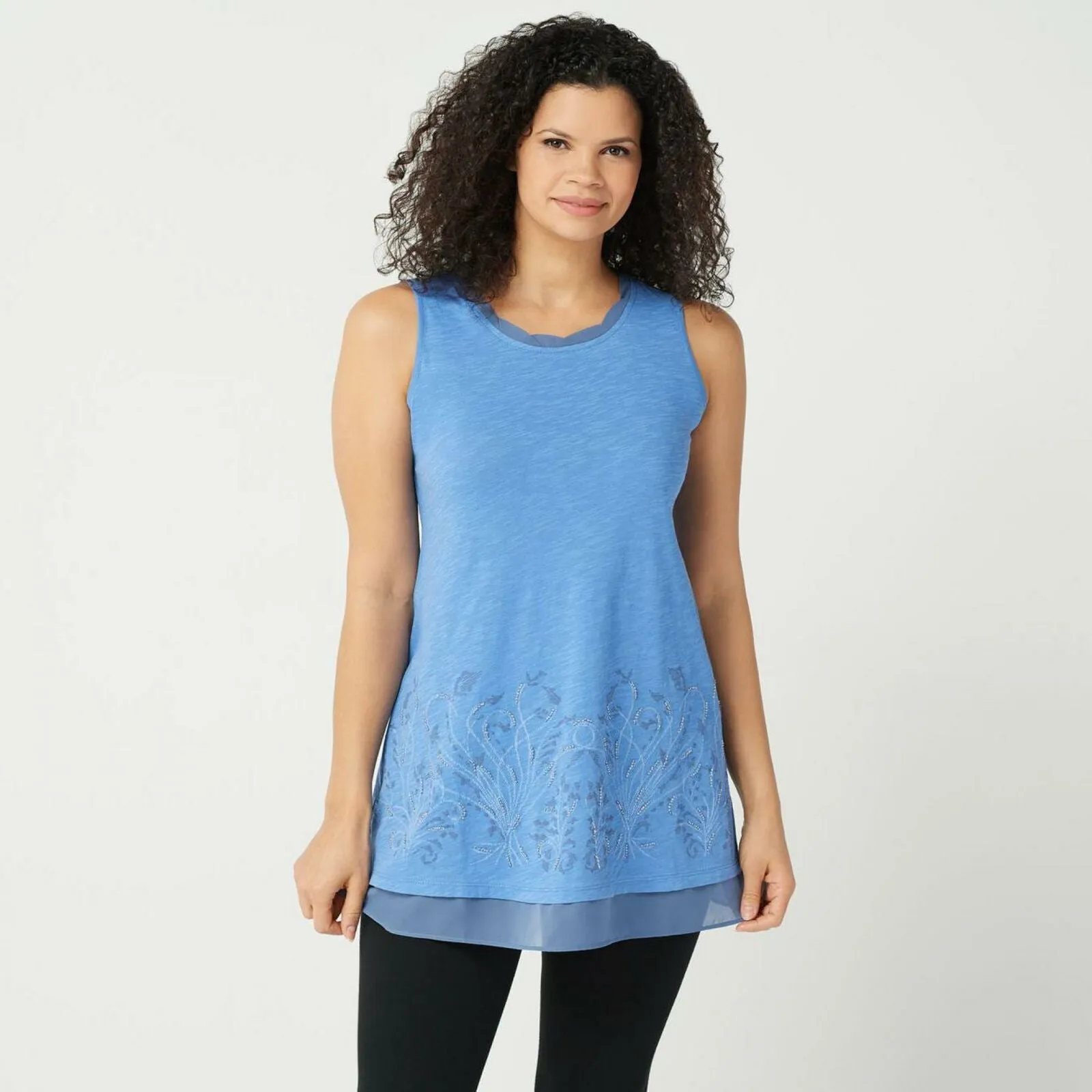 LOGO by Lori Goldstein Embellished Knit Tank Top with Chiffon Hem Blue Small