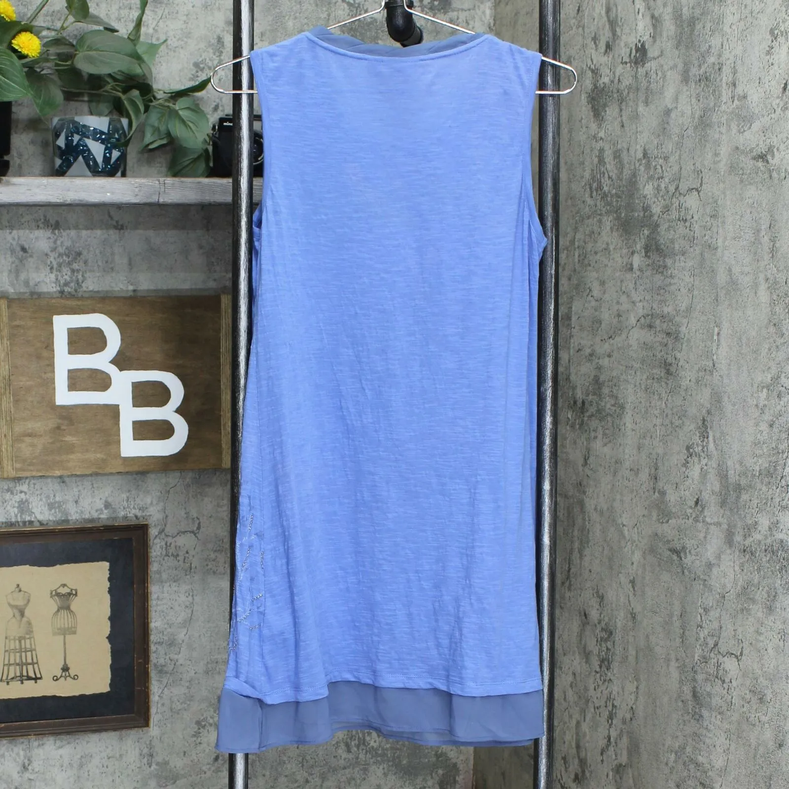 LOGO by Lori Goldstein Embellished Knit Tank Top with Chiffon Hem Blue Small