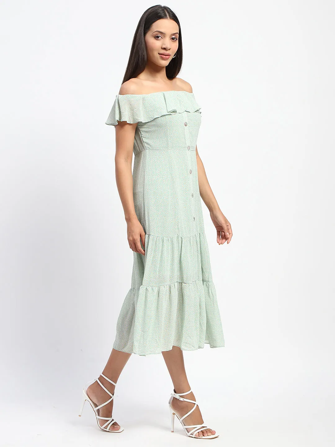 Madame Floral Print Off Shoulder Tiered Green Dress
