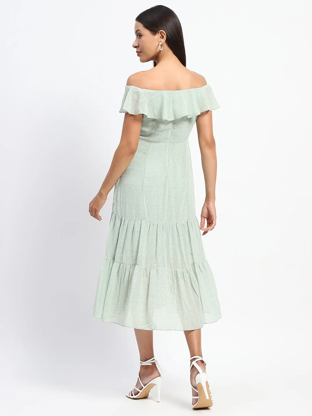 Madame Floral Print Off Shoulder Tiered Green Dress