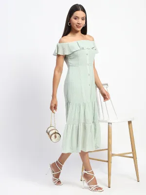 Madame Floral Print Off Shoulder Tiered Green Dress