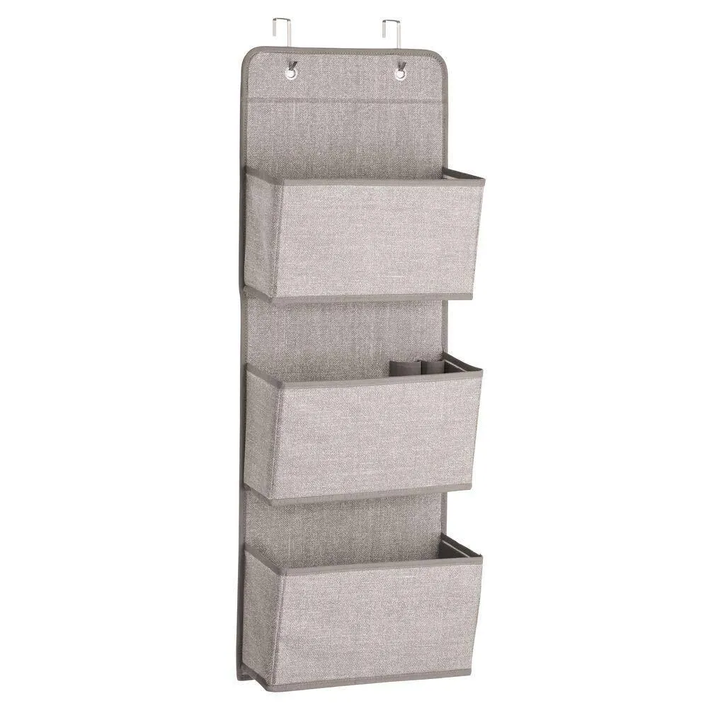 mDesign a568 Soft Fabric Over The Door Hanging Storage Organizer with 3 Large Pockets for Closets in Bedrooms, Hallway, Entryway, Mudroom-Hooks Included-Textured Print, 2 Pack-Linen/Tan