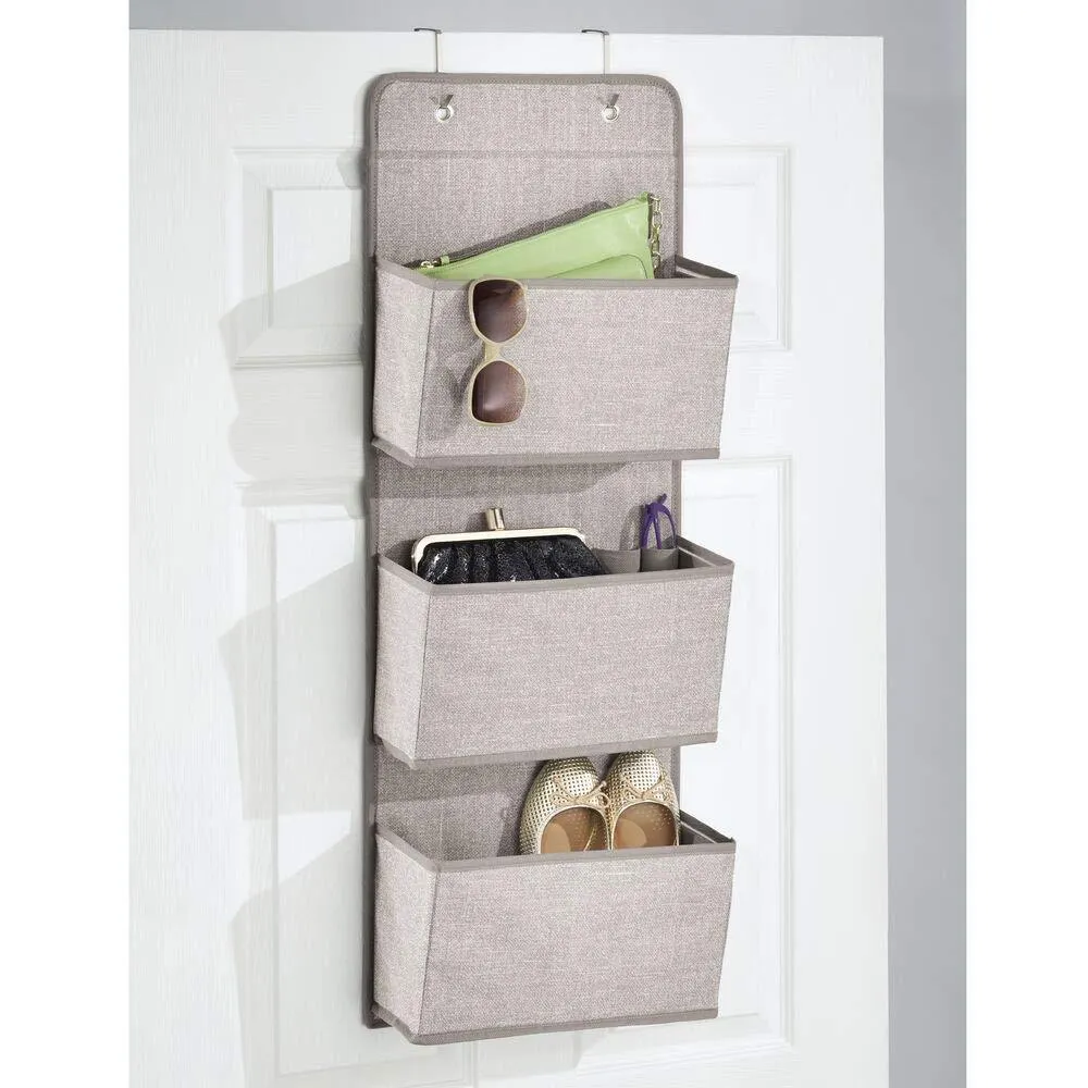 mDesign a568 Soft Fabric Over The Door Hanging Storage Organizer with 3 Large Pockets for Closets in Bedrooms, Hallway, Entryway, Mudroom-Hooks Included-Textured Print, 2 Pack-Linen/Tan