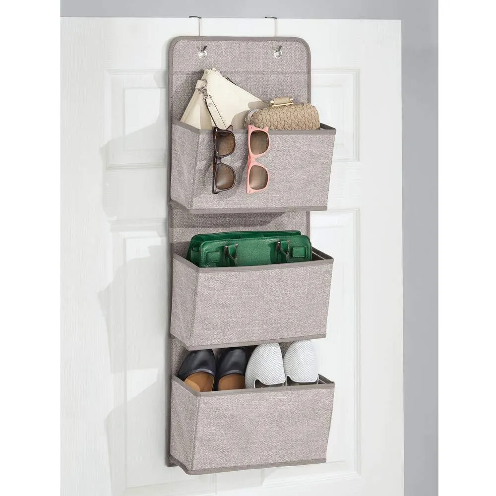 mDesign a568 Soft Fabric Over The Door Hanging Storage Organizer with 3 Large Pockets for Closets in Bedrooms, Hallway, Entryway, Mudroom-Hooks Included-Textured Print, 2 Pack-Linen/Tan