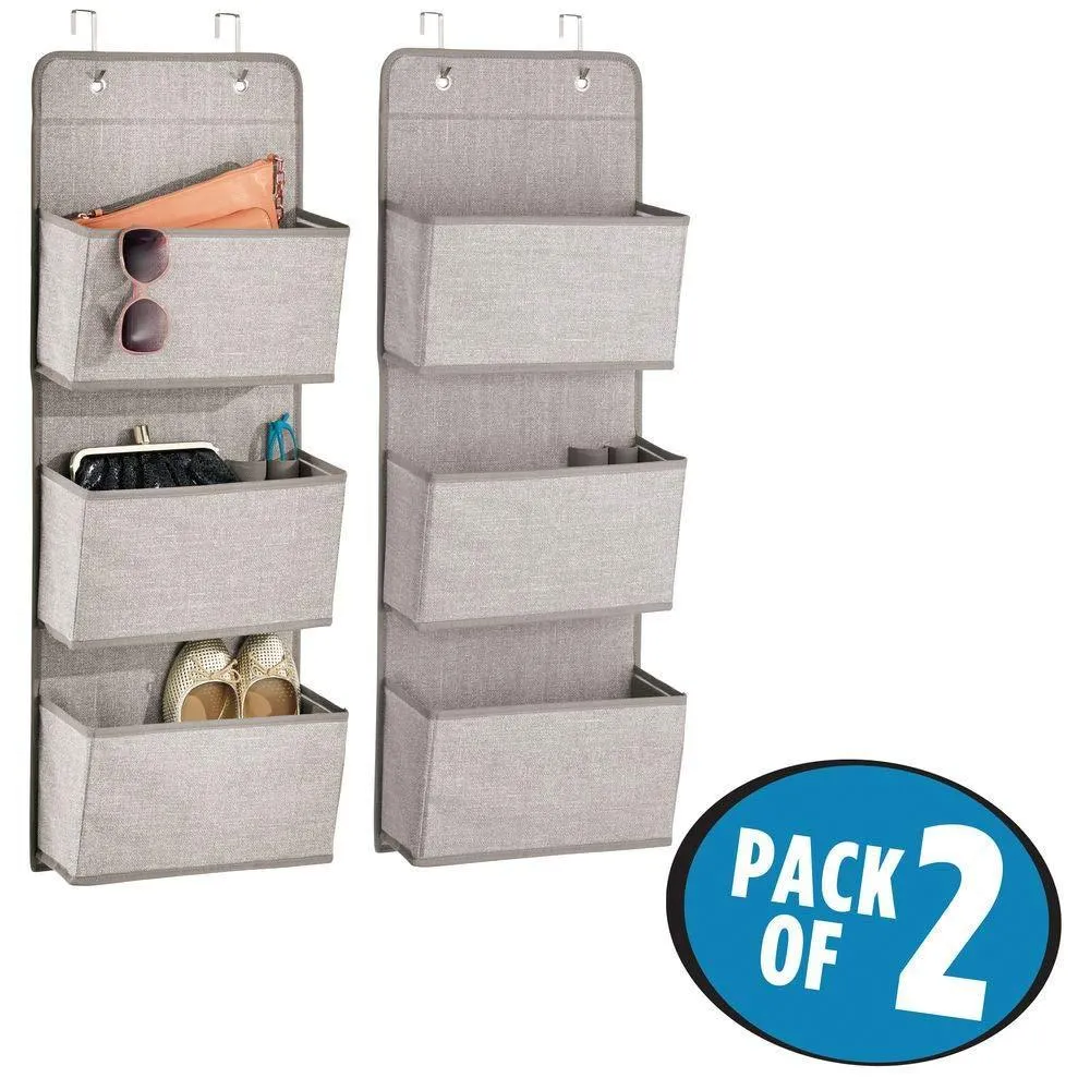 mDesign a568 Soft Fabric Over The Door Hanging Storage Organizer with 3 Large Pockets for Closets in Bedrooms, Hallway, Entryway, Mudroom-Hooks Included-Textured Print, 2 Pack-Linen/Tan