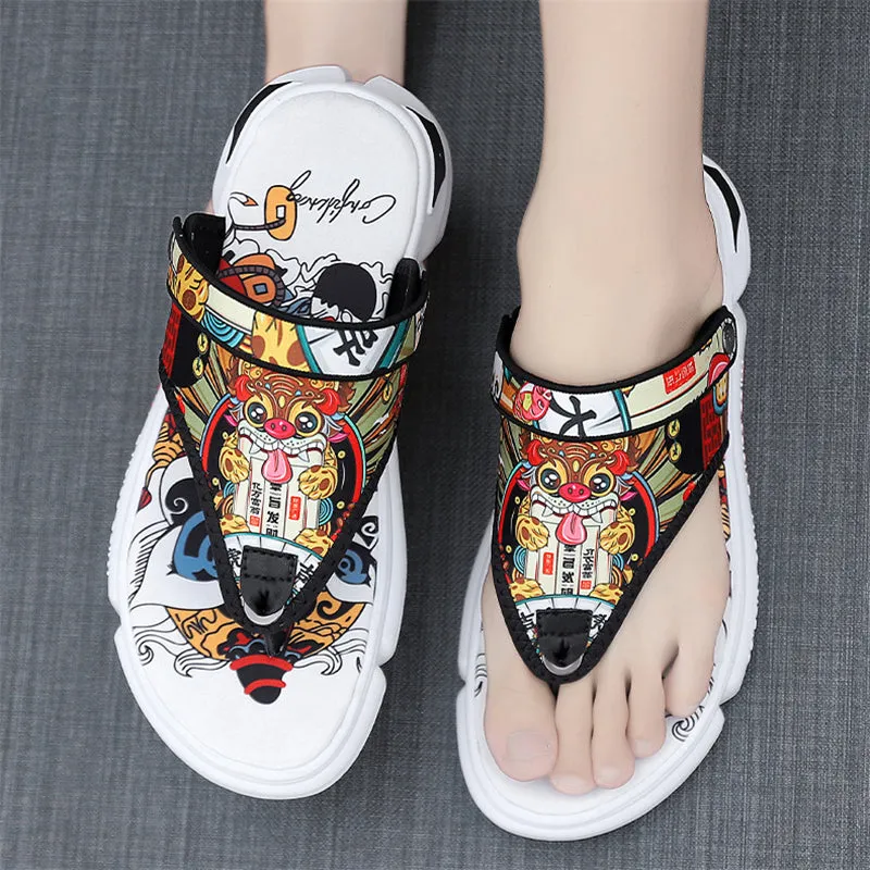 Men's Chinese Lion Dance Couplet  Dual Use Flip Flops Sandals