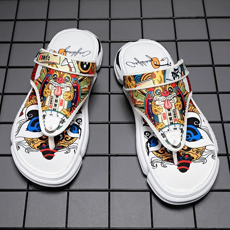 Men's Chinese Lion Dance Couplet  Dual Use Flip Flops Sandals