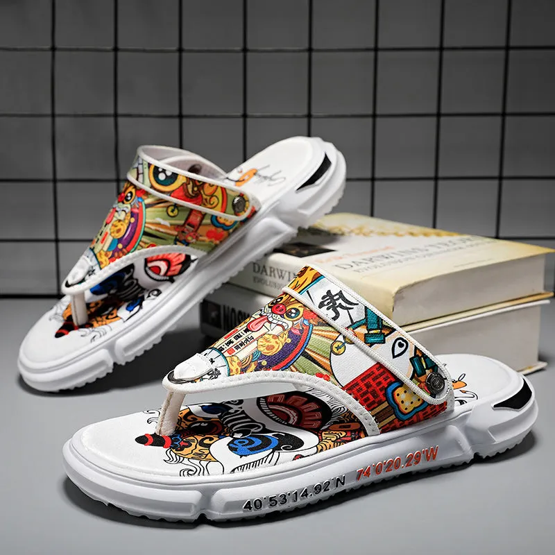 Men's Chinese Lion Dance Couplet  Dual Use Flip Flops Sandals